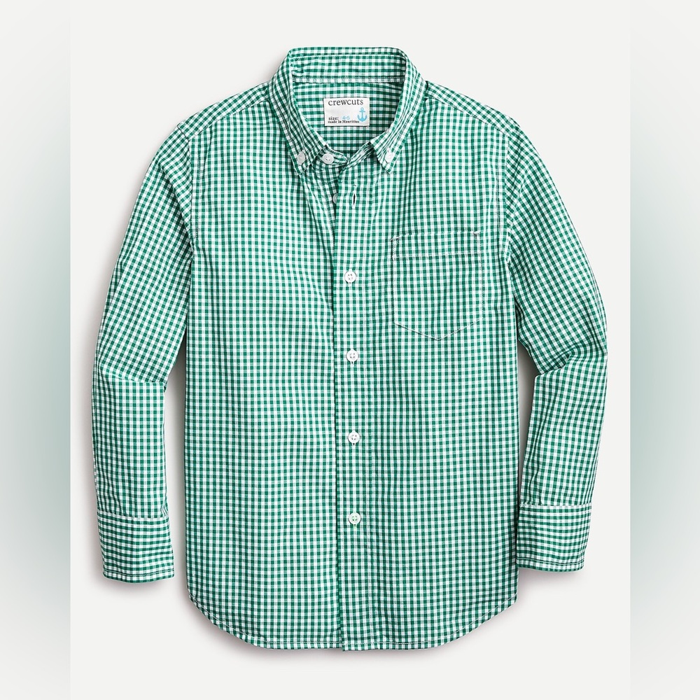 NWT Crewcuts 8 Small Boys Secret Wash Shirt Green Gingham Long Sleeve Checkered